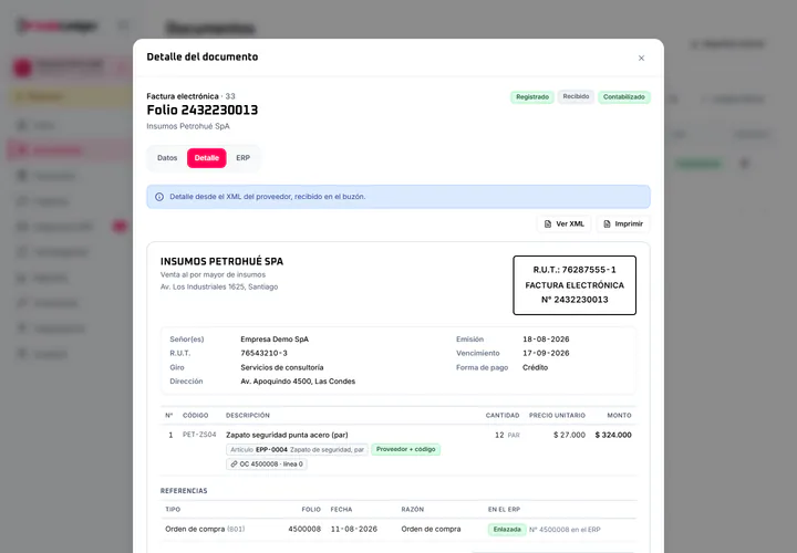 Detalle de un documento con sus líneas, la orden de compra y la cuadratura