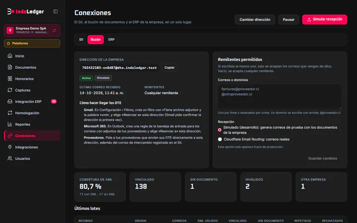 Pantalla «Conexiones › Buzón»: la dirección propia de la empresa y los adjuntos recibidos