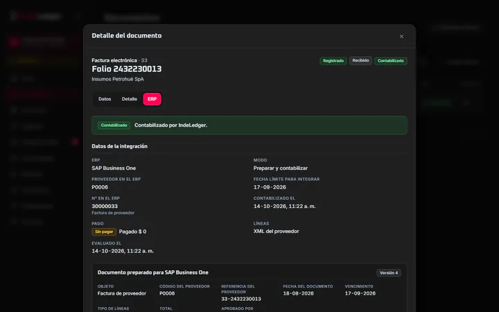Documento contabilizado en el ERP, con el intento que lo creó